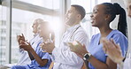 Excited, wow or doctors clapping for success, good job or results target in hospital meeting or workshop. Applause, presentation or group of happy nurses smiling for medical goals, news or support