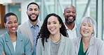 Business people, team and corporate portrait of happy employees together for collaboration. Diversity, smile and professional men and women group with pride, leadership and solidarity in office