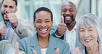 Business people, team and thumbs up portrait of happy employees together for collaboration. Diversity, support and professional men and women group with thank you, review or yes emoji in office