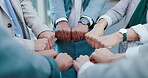 Solidarity, circle fist bump and business people together in staff unity, team building and group support. Synergy, corporate cooperation and closeup workforce trust, team mission and collaboration