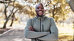 Fitness, portrait and happy man outdoor for exercise, workout or positive energy after running. African person, athlete or runner smile in nature for health, wellness or training for sports challenge