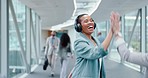 High five, dancing or businesswoman in office walking in celebration of success, goals or job promotion. Hello, greeting or happy employee streaming, singing or listening to radio song on headphones