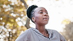 Black woman, breathing and nature with fitness and meditation outdoor, peace and calm with mindfulness. African person in the park, fresh air and zen with exercise, sunshine and health with wellness