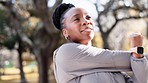 Black woman, breathing and nature, fitness and stretching with meditation outdoor, peace and calm with mindfulness. African person in park, fresh air and zen with exercise, warm up and wellness