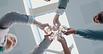 Celebration circle, champagne and business people toast for teamwork, party event or project collaboration. Bottom view, friends and group celebrate deal, success or cheers with glass alcohol drinks