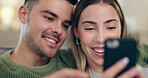 Talking, laughing and a couple with a phone on home sofa for connection, communication and meme. Young man and woman together on couch with a smartphone for internet, funny video or social media chat