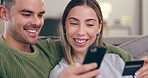 Happy, couple and credit card and phone for online shopping, ecommerce or online retail on the sofa. Smile, finance and man and woman on mobile app for a payment, banking or discount on a home couch