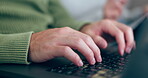 Laptop, keyboard and hands typing with internet connection for research, email or writing blog. Closeup of a person or user with technology for web browsing, remote work or online planning at home