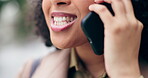 Hands, phone call and mouth of woman talking in city, communication or chat outdoor. Smartphone, conversation or lips of person on mobile discussion, networking or speaking to contact, smile or happy