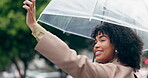 Phone, happy and umbrella with a woman in the city, calling a taxi on her winter commute for travel. Face, mobile and smile with a female pedestrian using an app for cab ride share or transport