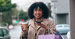 Street, shopping and happy woman with voice message or talking on phone in the morning in an urban town. Happiness, laughing and young person with coffee speaking on mobile app holiday or vacation