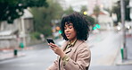 Phone, taxi and woman in a street with shopping bag stop an online travel service on a mobile app or internet. Waving, urban and waiting young person contact or request a trip to commute in town