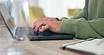 Business person, hands typing and laptop online research, editing and copywriting on website for work from home. Writer or editor working on computer for article, blog or newsletter ideas or planning