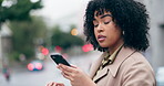 Phone, taxi and woman in a city with shopping bag stop an online travel service on a mobile app or internet. Waving, urban and waiting young person contact or request a trip to commute in town