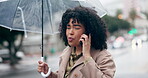 Phone call, rain and anxiety with business woman in city for communication, networking and frustrated. Technology, contact and stress with person in street for professional, mobile and planning