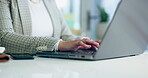 Business person, hands typing and laptop for online planning, marketing blog or copywriting at office desk. Professional worker, editor or writer working on computer for article or editing newsletter