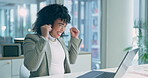 Business woman, winner and computer for success, opportunity or celebration of bonus, news and marketing sales. Excited or happy african worker on laptop and clapping for project achievement and done