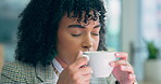 Face, thinking and coffee with a business woman in her office to relax during a break from work. Smile, aroma and fresh with a young employee smelling the scent of a cup of tea in the workplace