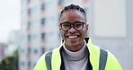Happy black man, architect and city in construction, contracting or building management on site. Portrait of African male contractor or engineer smile on rooftop for architecture or outdoor project