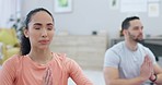 Breathing, meditation and couple do yoga in home for zen energy, calm and mindfulness in living room. Dating, meditate and man and woman on yogi mat together for wellness, healthy mindset and pilates