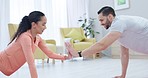 Fitness, push up and couple high five in home for exercise, training and workout in living room. Dating, sports and happy man and woman on yoga mat for support for wellness, healthy  body and cardio