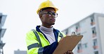 ??Man, engineering checklist and project management at construction site inspection, urban development or city. Manager or african person with clipboard for outdoor architecture and buildings survey