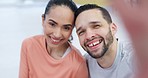 Selfie, couple face and home with a smile and profile picture for social media in living room. Marriage, happy and portrait with love and care in a new house and excited from property and real estate