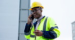 Construction worker, man and phone call for design communication, project management update and city progress. Architecture, engineering or african person talking on mobile for buildings and planning