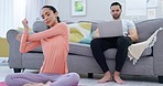 Remote work, couple and stretching in a house with a laptop for fitness, connection or relax. Together, morning and a man with a computer for entrepreneur job and a woman with a warm up for exercise