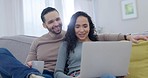 Couple, planning and laptop at home with insurance, bills and investment talk on a sofa. Computer, email and online finance communication of young people with discussion for budget in morning