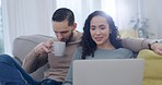 Couple, planning and laptop in home with coffee, bills talk and investment talk on a sofa. Computer, email and online finance communication of young people with discussion for budget in morning