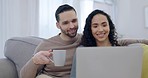 Happy couple, coffee and laptop on sofa for streaming, movies and subscription show in home living room. Man, woman and tea for relax film, social media and watching multimedia on technology in house