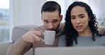 Couple, planning and laptop in home with investing, bills and life insurance talk on a sofa. Computer, email and online finance communication of young people with discussion for budget in morning