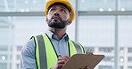 Building inspection, engineering and a construction worker with notes for industrial safety. Planning, idea and a handyman or builder writing a report on renovation or architecture progress on site