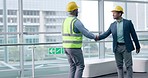 Businessman, architecture and handshake for construction meeting, welcome and building deal in modern office. Men, talking and shaking hands for engineering collaboration and contractor partnership