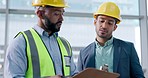 Businessman, talking or construction clipboard planning with architecture engineer for design, development or developer building. Thinking men, ideas and paper questions for contractor in maintenance