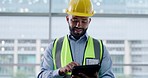 Smile, research and a construction worker with a tablet on site for communication or building email. Happy, connection and a builder or engineering employee typing on tech for infrastructure planning