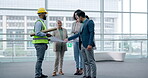 Business people, architecture or blueprint paper in construction worker meeting, questions or planning building. Men, women or engineering contractor with project floorplan in developer collaboration