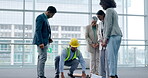 Talking business people, architecture or blueprint paper in construction worker meeting, planning or designing building. Men, women or engineering contractor with floorplan in developer collaboration