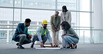 Business people, architecture or blueprint paper on floor in construction meeting, planning or building project. Men, women or engineering contractor with builder floorplan in developer collaboration