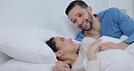 Bed, conversation and couple with love, relax and bonding with communication, relationship and wellness. Romance, man and woman in a marriage, bedroom and care in a home, apartment and discussion