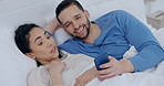 Talking, phone or couple in bed on social media to relax reading news in morning together at home. Scroll, woman or happy man talking or bonding with love, support or smile speaking of online post