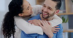 Couple, hug and happy in morning at home for love, care or support in healthy relationship. Funny man and woman laugh together in bedroom with pajamas for security, comfort and happiness with partner