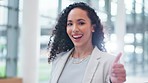 Happy business woman, thumbs up and walking at office in confidence, agreement or success. Portrait of female person or employee smile and like emoji, yes sign or approval with positive mindset