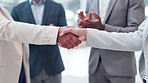 Handshake, applause and team of business people in partnership, deal or agreement in office. Shaking hands, clapping and group in collaboration, b2b integration or acquisition, success or celebration