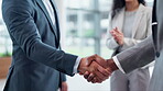 Handshake, business people and success in meeting, collaboration and b2b partnership, agreement and deal with teamwork. Employees, shaking hands and congratulations in crm networking or onboarding