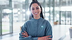 Face, woman and accountant with arms crossed in business, office or employee on audit with pride and confidence. Portrait, businesswoman and working in accounting, finance and Brazil workplace