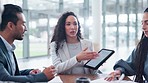 Business woman, meeting and tablet presentation, planning or marketing management, online proposal and documents. Professional manager and people listening, talking and digital or project strategy
