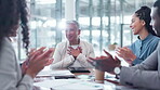 Motivation, happy woman or business people clapping in a meeting for success, support or congratulations. Mature, wow or team of proud employees with applause for goals, achievement or celebration