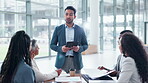 Business people, meeting and speaker on tablet for presentation, manager update and financial feedback or proposal. Corporate leader speaking to employees or clients listening to speech or sales news